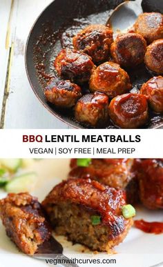 bbq lentil meatballs are being cooked in a skillet and served with sauce