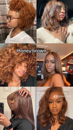 Highlighted Afro Hair, Chestnut Brown Hair Color On Black Women, Brown 4c Hair Black Women, Summer Hair Colors Black Women, Honey Brown On Black Women, Honey Brown Natural Hair Black Women, Pretty Hair Colors For Black Women, Different Color Brown Hair, Honey Brown Afro