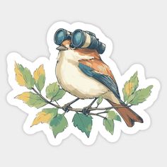 a bird with binoculars sitting on a branch