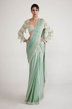 Buy Green Blouse - Georgette Hand Embroidered Pre-draped Saree With For Women by Vvani by Vani Vats Online at Aza Fashions. Ready Saree, Cinderella Fashion, Pre Draped Saree, Ready Made Saree, Saree Satin, Bhumika Sharma, Skirt Saree, Green Chandelier