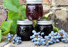 three jars with blue grapes and green leaves next to them on a stone surface near a brick wall