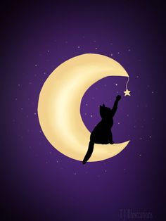 a cat sitting on the moon with its paw in the air and reaching up to the stars