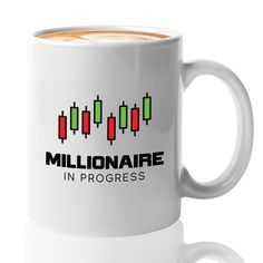 a white coffee mug with the words millonaire in progress on it and an arrow