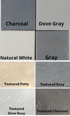 different shades of gray and white tile with the words charcoal, dove gray, natural white, textured putty, textured gray, textured dove gray