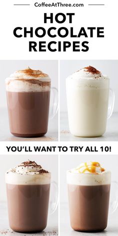 three different shots of hot chocolate in glasses with the words, you'll want to try