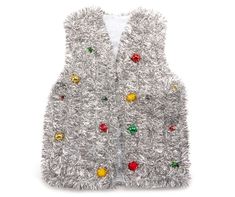 a white vest with silver tinsel and christmas decorations on the front, sitting against a white background