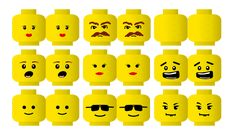 a bunch of yellow legos with different faces