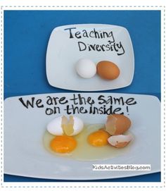 two plates with eggs on them that say, teaching diversity we are the same on the inside