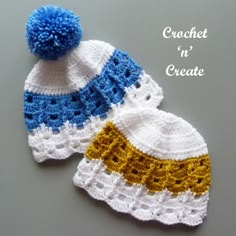 two crocheted hats with blue and yellow trims