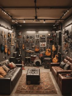 a living room filled with lots of guitars