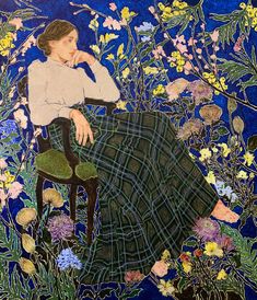 a painting of a woman sitting in a chair surrounded by wildflowers and plants