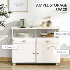 an open shelf with two drawers, 2 cabinets and 3 baskets labeled in the words ample storage space