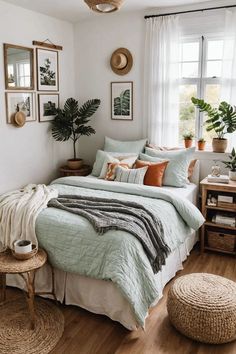 a bed room with a neatly made bed and lots of plants on the windowsill