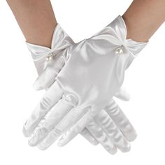 white satin gloves with pearls on the wrist