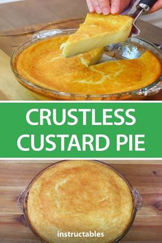 the crustless custard pie is ready to be cut into pieces and served