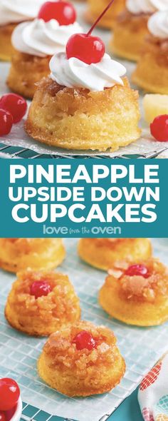 pineapple upside down cupcakes with white frosting and cherries on top