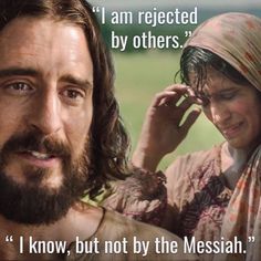 jesus talking on the phone next to a woman with her head covered by a shawl