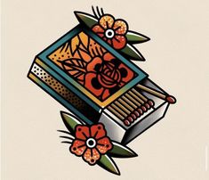 an illustration of a box with flowers on it and two chopsticks sticking out of it