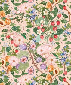 a floral wallpaper with lots of flowers and fruit on it's sides, all in pastel colors