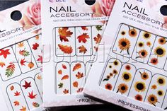 Water Tattoos are a fun way to juzz up the nails without much effort. Tattoos work very well for someone with busy schedule or for those of us who are not very good with drawing designs. These will take few minutes to apply, yet the design will look like the painted art and feel smooth on the nail. Package includes 3 sheet with 30+ tattoos/each Pretty Autumn leaves and sunflowers. Directions: 1. Apply background color if desired and let it dry . 2. Remove the film of the product, cut out the des Leaves Nail Art, Water Nails, Water Tattoo, Beauty Make-up, Art Water, Nail Tattoo, Water Transfer, Tattoo Work, Tattoo Sticker