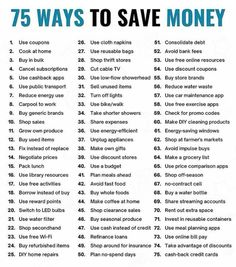 an info sheet with the words 75 ways to save money in blue and white text