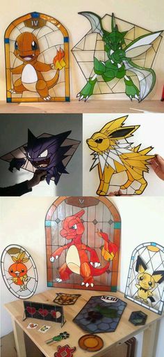 several pictures of different types of pokemons on display in front of a table with chairs