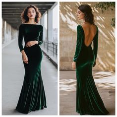 Elevate your evening style with this custom-tailored emerald green velvet gown, a masterpiece of elegance and sophistication. Featuring a refined boat neck and alluring backless design, this long sleeve dress is crafted to flatter every figure while exuding timeless beauty. Made from premium velvet, this gown offers a luxurious feel and is perfect for weddings, black-tie events, or any special occasion where you want to make a memorable entrance. Embrace a look that's both personalized and truly Green Velvet Backless Dress, Green Long Sleeve Backless Dress, Velvet Open Back Dress, Long Sleeve Green Wedding Dress, Green Long Sleeve Dress Formal, Emerald Green Dresses Formal, Emerald Green Engagement Dress, Emerald Green Dress Elegant, Formal Dresses Long With Sleeves