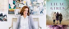 a woman sitting on a chair next to a book cover and a photo of two people