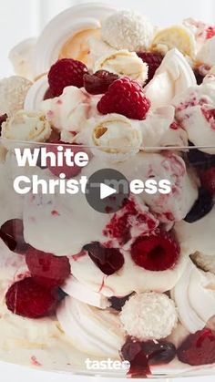 a white cake with raspberries and whipped cream on top that says, white christ dress