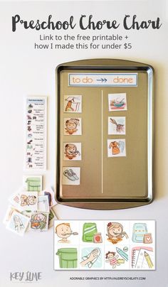 a metal tray with stickers and magnets on it, next to a bulletin board that says preschool chore chart