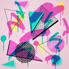 an abstract painting with different shapes and colors on a light pink background that is very colorful