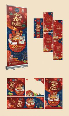 an assortment of banners and flyers for chinese new year's eve celebration, with red background