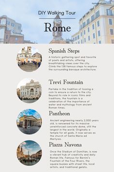 the tour guide for visiting rome, italy with pictures of buildings and people around it