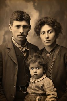 an old time photo of a man and woman with a small child on their lap