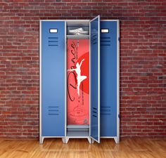 a blue locker sitting in front of a brick wall next to a hard wood floor