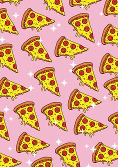 many slices of pizza on a pink background