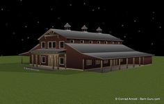 a large red barn sitting on top of a lush green field under a night sky