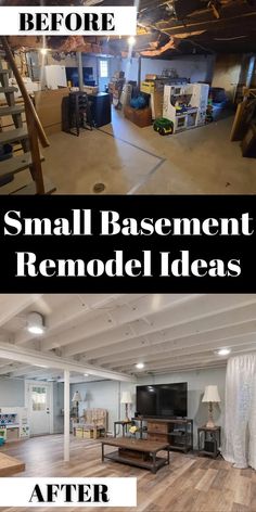 before and after photos of a basement remodel