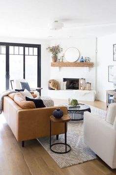 a living room filled with furniture and a fire place in front of a large window