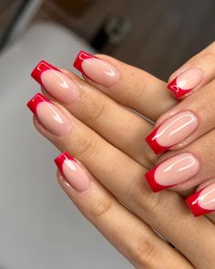 Red Tip Nails, Red French Tip, Red Tips, Emerald Nails, Short French, Red Acrylic Nails, Red French, French Tip Acrylic Nails, Casual Nails