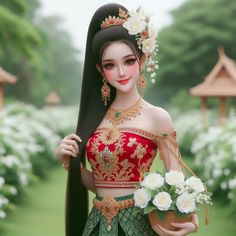 a woman with long hair wearing a red and green dress holding flowers in her hand