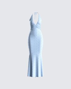 Prepare to be treated like royalty with this baby blue beaded maxi dress 💙 Made from beaded fabric, and complete with a mermaid silhouette, ruching details, and a low open back for an elegant, sleek, and top-tier look 🤩 Finesse Dress, Baby Blue Outfit, Hogwarts Party, Strapless Ruffle Dress, Beaded Maxi Dress, Beaded Fabric, Future Of Fashion, Classy Dresses, Baby Blue Dresses