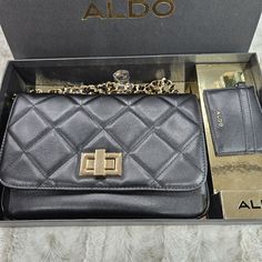 Aldo Purse & Card Holder Gift Set, Black Faux Leather Shoulder Gold Chain Nwt Aldo Purses, Aldo Bags, Black Faux Leather, Gold Chain, Gold Chains, Gift Set, Card Holder, Faux Leather, Bag Lady