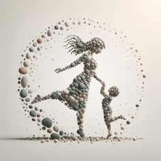 a woman standing in front of a circle filled with stones and pebbles on top of a white surface