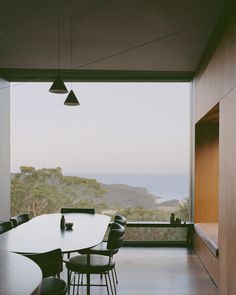 a table and chairs in front of a large window