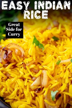 Learn how to make this easy Indian Rice. A delicious side dish, perfect for serving with a curry. With only a handful of ingredients, you can make this restaurant-style Indian Pilaf at home! Fragrant fluffy basmati rice, packed with flavor and all cooked on the stovetop, this yellow rice is so much better than takeout and so easy to make at home. It is easy to make, and can be frozen in batches for days when time is tight, but you don't want a takeaway. How To Cook Indian Rice, Easy Indian Rice, Rice For Indian Food, Indian Basmati Rice Recipes Easy, Indian Curry Rice Recipe, Pilau Rice Recipe Indian, How To Make Indian Rice, Indian Food Easy Recipes, India Rice Recipes