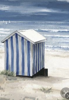 a painting of a blue and white striped beach hut on the sand by the ocean