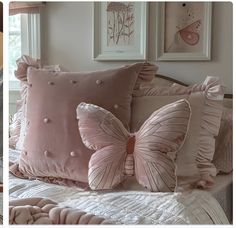 two pictures of pink pillows with butterflies on them