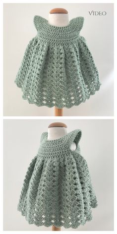 crocheted baby dress made with green yarn and buttons on the collar, front and back views