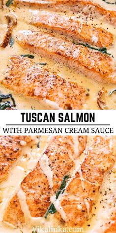 salmon with parmesan cream sauce in a pan